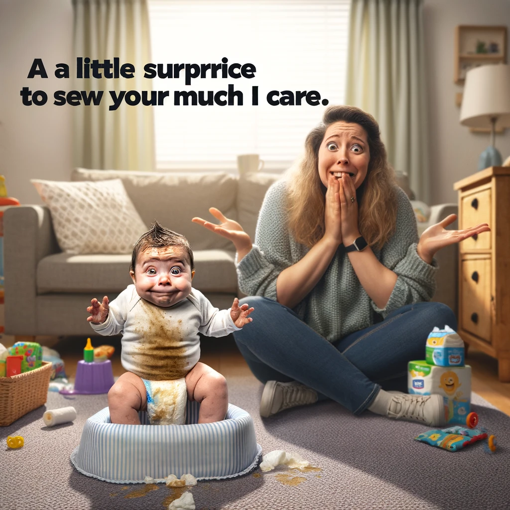 A humorous and slightly chaotic scene showcasing a baby looking surprisingly proud and content, sitting on the floor next to a visibly overwhelmed parent. The parent is dealing with a catastrophic diaper situation, their expression a mix of shock, dismay, and a hint of amusement. The setting is a cozy, lived-in living room, with baby supplies and toys scattered around, highlighting the unpredictability of parenting. The baby, in stark contrast, appears utterly unfazed and even pleased, as if they've just accomplished a great feat. The caption, "A little surprise to show you how much I care," is placed at the bottom, adding a playful and loving twist to the messy situation. This image captures the lighthearted struggles and joys of parenting, with a focus on the unexpected moments that bring laughter amidst the chaos.