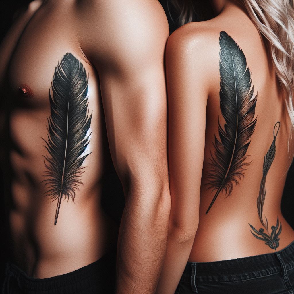 Matching feather tattoos on the side of each partner's ribcage, symbolizing freedom and a shared path in life.