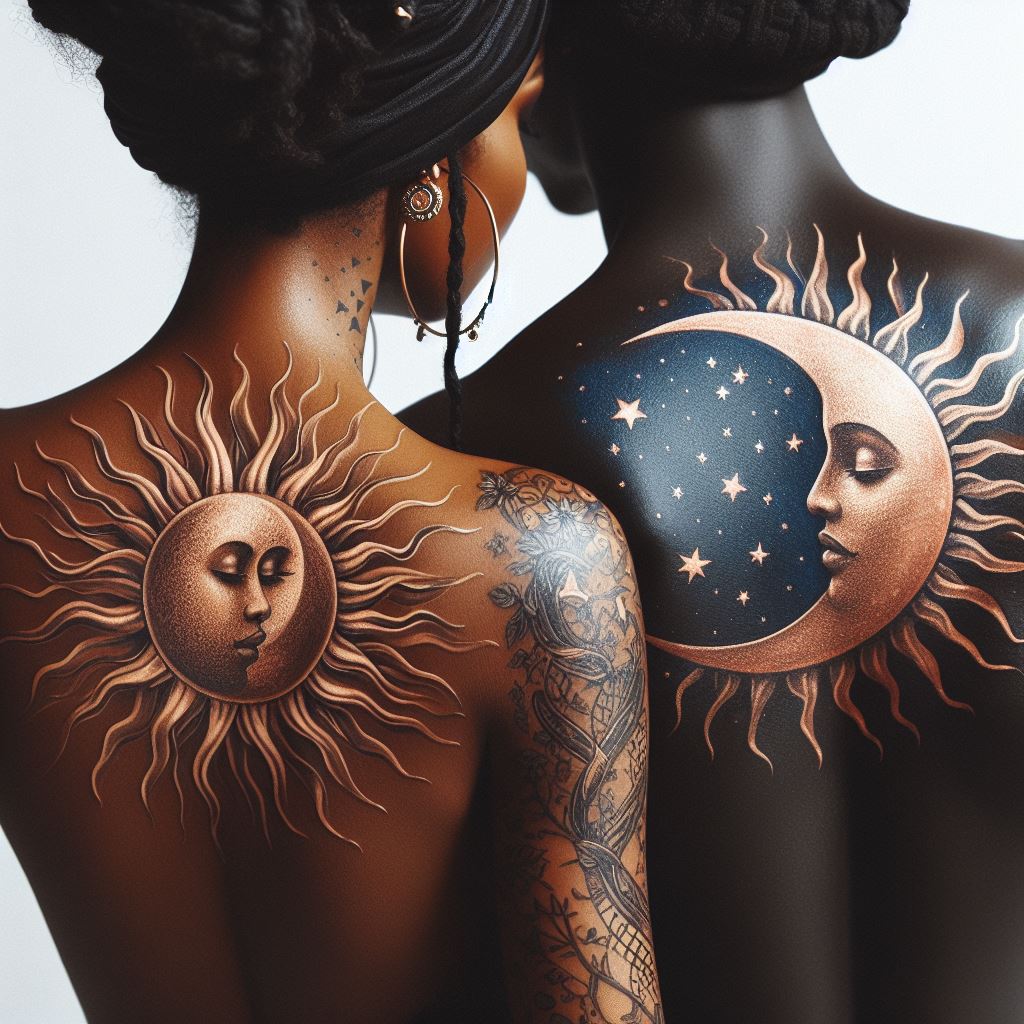 A pair of tattoos depicting a sun and moon, located on each couple's shoulder blade, representing balance and harmony in their relationship.