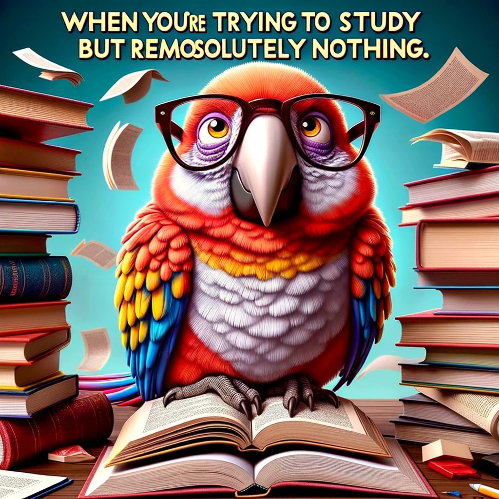 An image of a parrot sitting on a perch surrounded by books, with a pair of glasses on, looking frustrated, with the caption "When you're trying to study but remember absolutely nothing." The parrot symbolizes the struggle of retaining information, humorously representing the frustration of studying hard with little to show for it. The books are open and scattered around, indicating a long study session. The parrot's expression is exaggeratedly exasperated, making the meme relatable to students and lifelong learners alike.