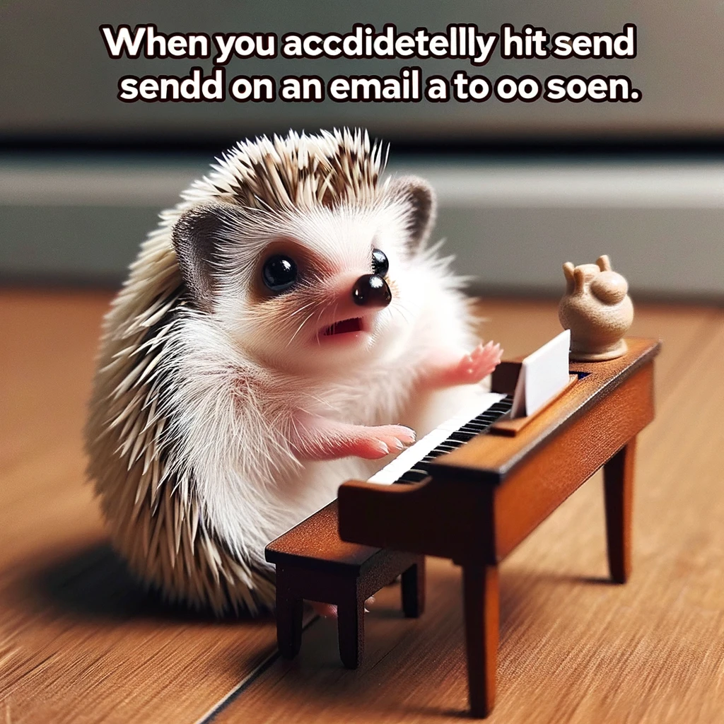 An image of a hedgehog sitting at a tiny piano, looking over its shoulder with an expression of surprise and the caption "When you accidentally hit send on an email too soon." This scene captures the sudden realization and regret in a humorous way, with the hedgehog symbolizing the sender. The piano represents the delicate task of composing messages, and the hedgehog's startled look perfectly conveys the moment of unintended action. The setting is a cozy room, adding to the charm and relatability of the situation.