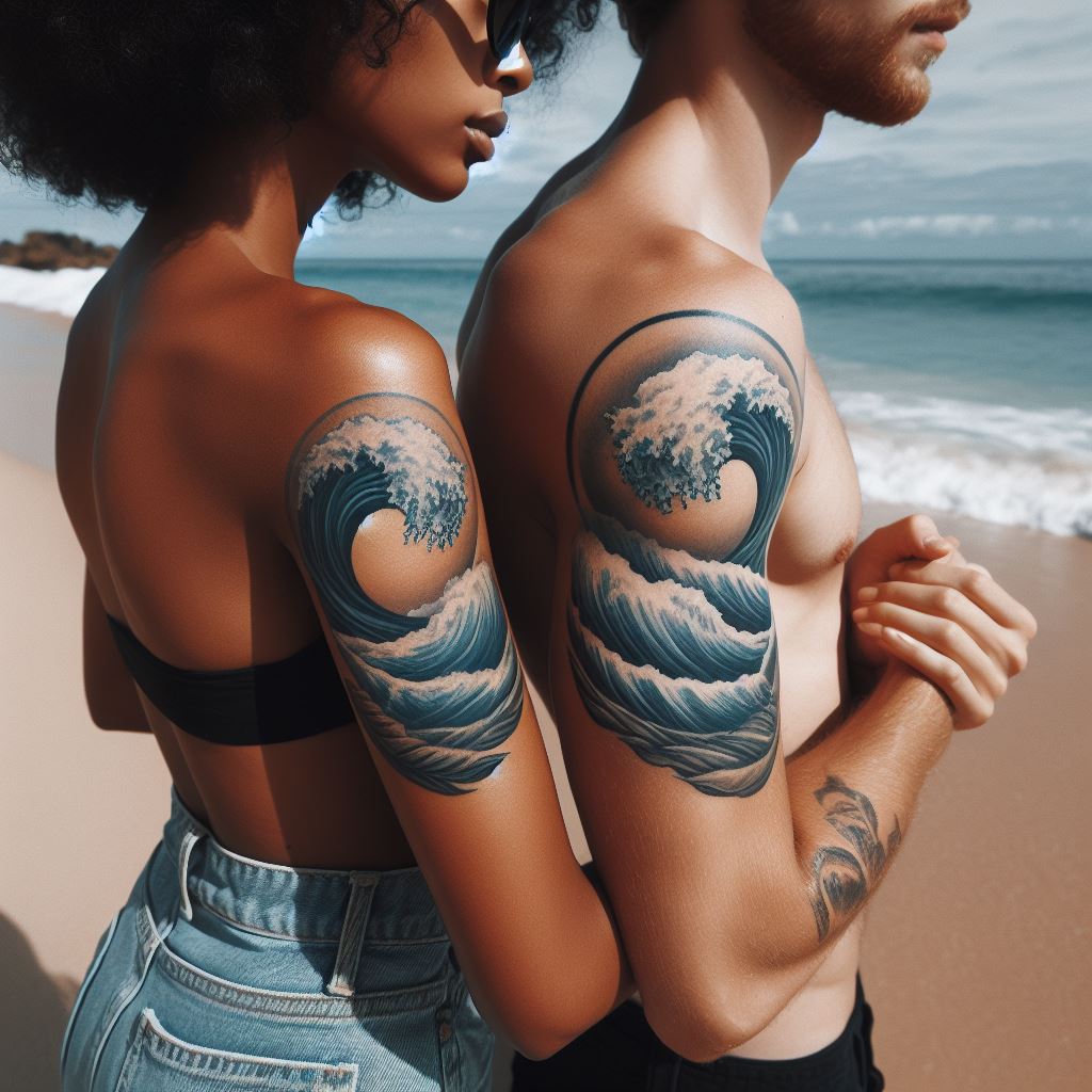 A pair of wave tattoos on the inside of the couple's biceps, reflecting their love for the ocean and the idea of going with the flow.