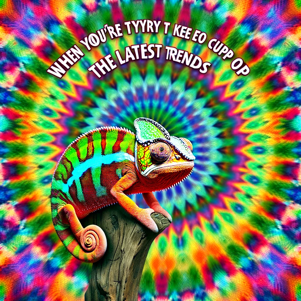 An image of a chameleon changing colors in front of a kaleidoscope background, looking confused, with the caption "When you're trying to keep up with the latest trends." The chameleon, a symbol of adaptability, humorously represents the effort to stay relevant in a rapidly changing cultural landscape. The kaleidoscope background symbolizes the constantly shifting trends and fashions, adding depth to the meme. The chameleon's puzzled expression captures the overwhelm and confusion that often accompany attempts to follow every new fad, making the scene both funny and relatable.
