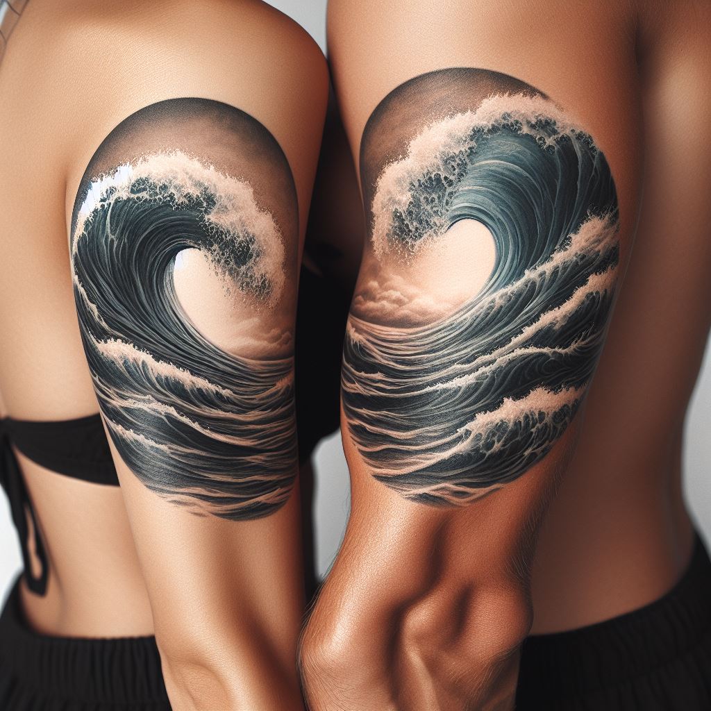A pair of wave tattoos on the inside of the couple's biceps, reflecting their love for the ocean and the idea of going with the flow.