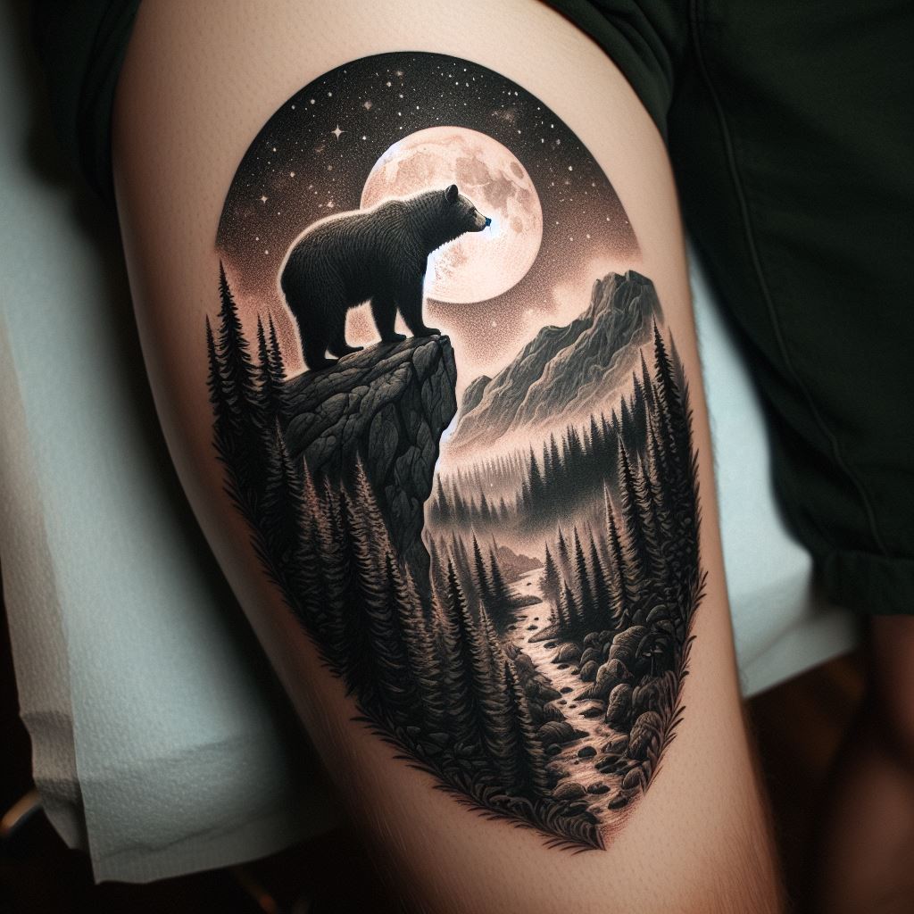A scene where a bear stands atop a rocky cliff, overlooking a forest valley under the moonlight, tattooed around the lower leg. The design captures the bear's connection with the wilderness, detailed with a realistic landscape that wraps around the leg. The moon above casts a soft glow, highlighting the bear's silhouette against the night sky, symbolizing guidance and reflection.