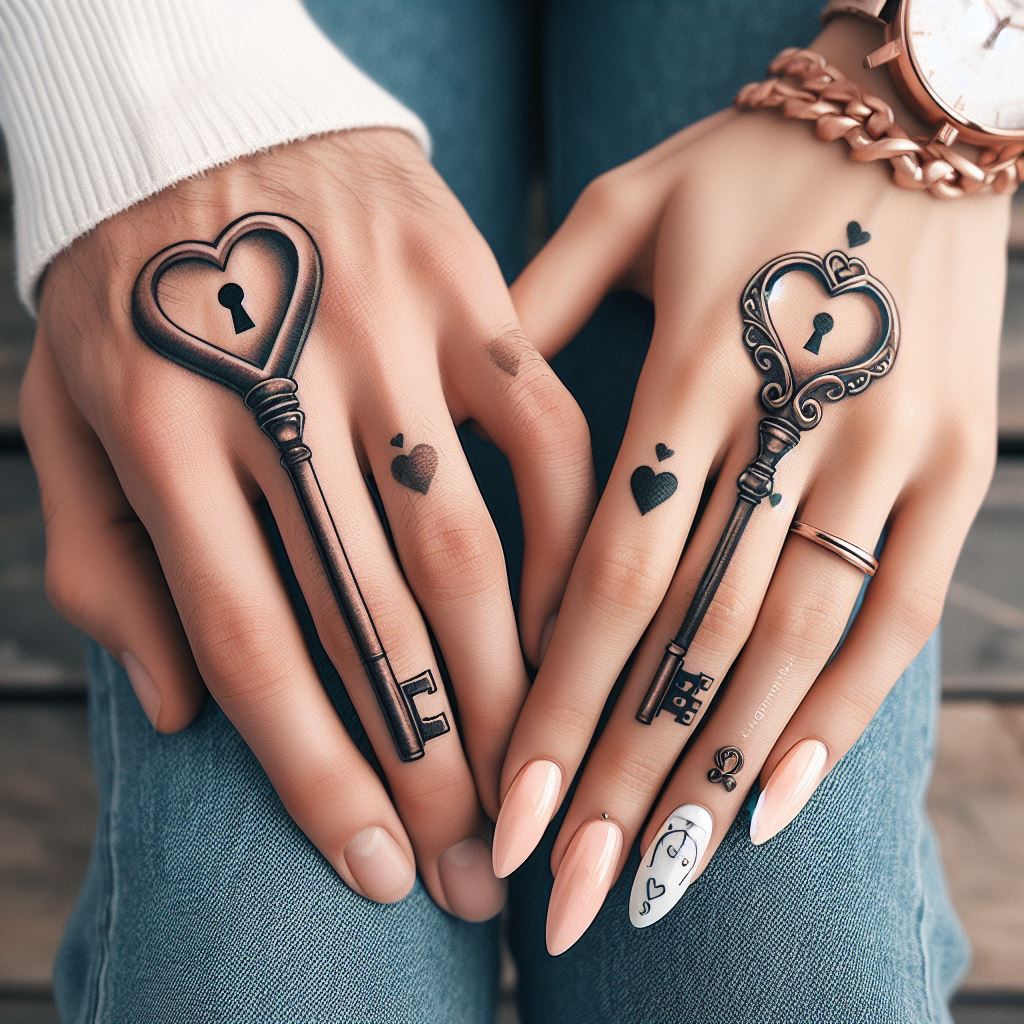 Matching key and lock tattoos on the couple's fingers, signifying that they hold the key to each other's hearts.