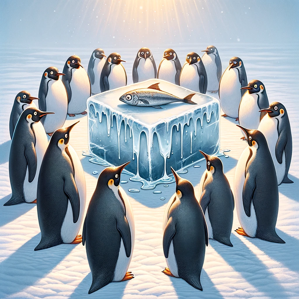 An image of a group of penguins standing around a melting ice block with a single fish on top, looking at it with confusion and the caption "When the team lunch order is not what you expected." The penguins, known for their social behavior, represent coworkers facing a minor yet relatable workplace disappointment. The melting ice block symbolizes the fleeting nature of expectations, and the single fish atop it humorously underlines the inadequacy of the meal. The setting is a snowy landscape, emphasizing the penguins' natural habitat and adding to the absurdity of the situation.
