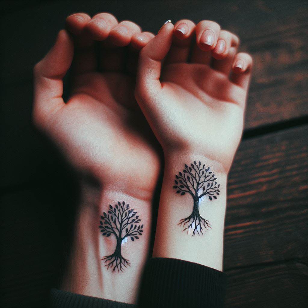 A tattoo of a small, simple tree on each partner's wrist, symbolizing growth and deep roots in their relationship.