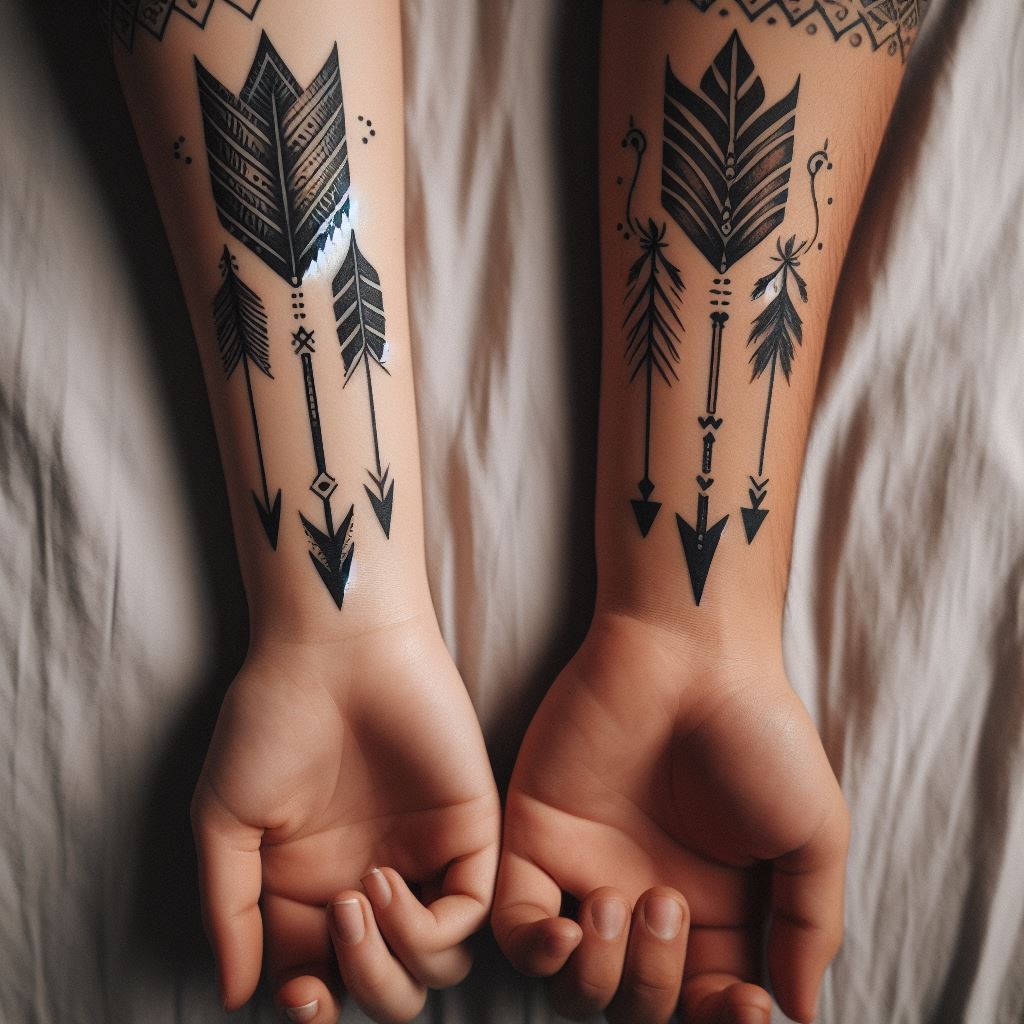 Matching arrow tattoos on the couple's forearms, pointing towards each other when held together, representing their direction towards one another.