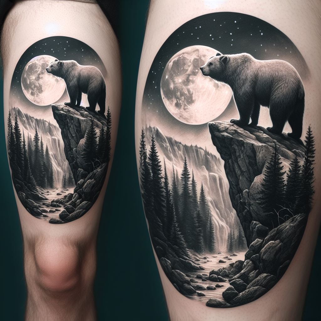 A scene where a bear stands atop a rocky cliff, overlooking a forest valley under the moonlight, tattooed around the lower leg. The design captures the bear's connection with the wilderness, detailed with a realistic landscape that wraps around the leg. The moon above casts a soft glow, highlighting the bear's silhouette against the night sky, symbolizing guidance and reflection.