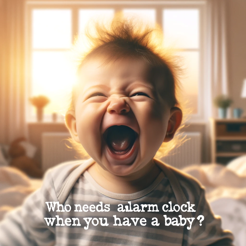 A baby screaming or laughing loudly with the sun barely up in the background. Soft morning light filters into a room, highlighting the baby's lively and loud expression, embodying the energy of an alarm clock. The scene blends humor with the warmth of a family morning. Caption: "Who needs an alarm clock when you have a baby?" at the bottom in a playful font.