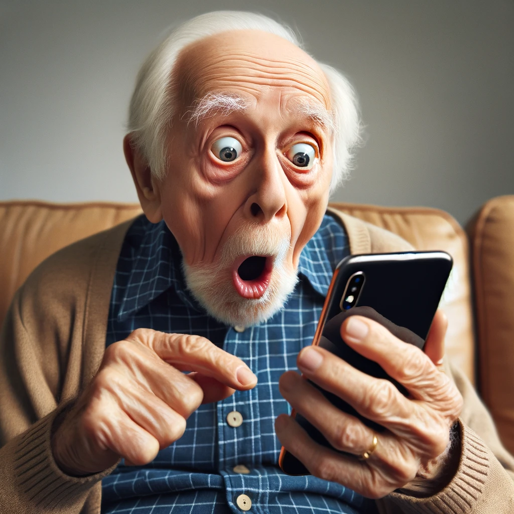 A humorous image of an elderly person looking surprised while holding a smartphone, with the caption 'When you realize your grandkids aren't just randomly tapping the screen.'