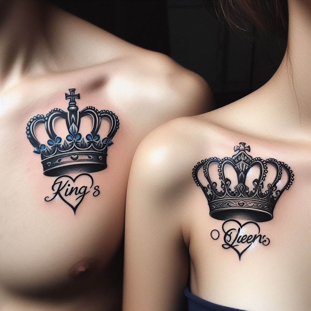 A pair of tattoos with one partner having a king's crown and the other a queen's crown, located on their respective collarbones, symbolizing their royalty in each other's hearts.