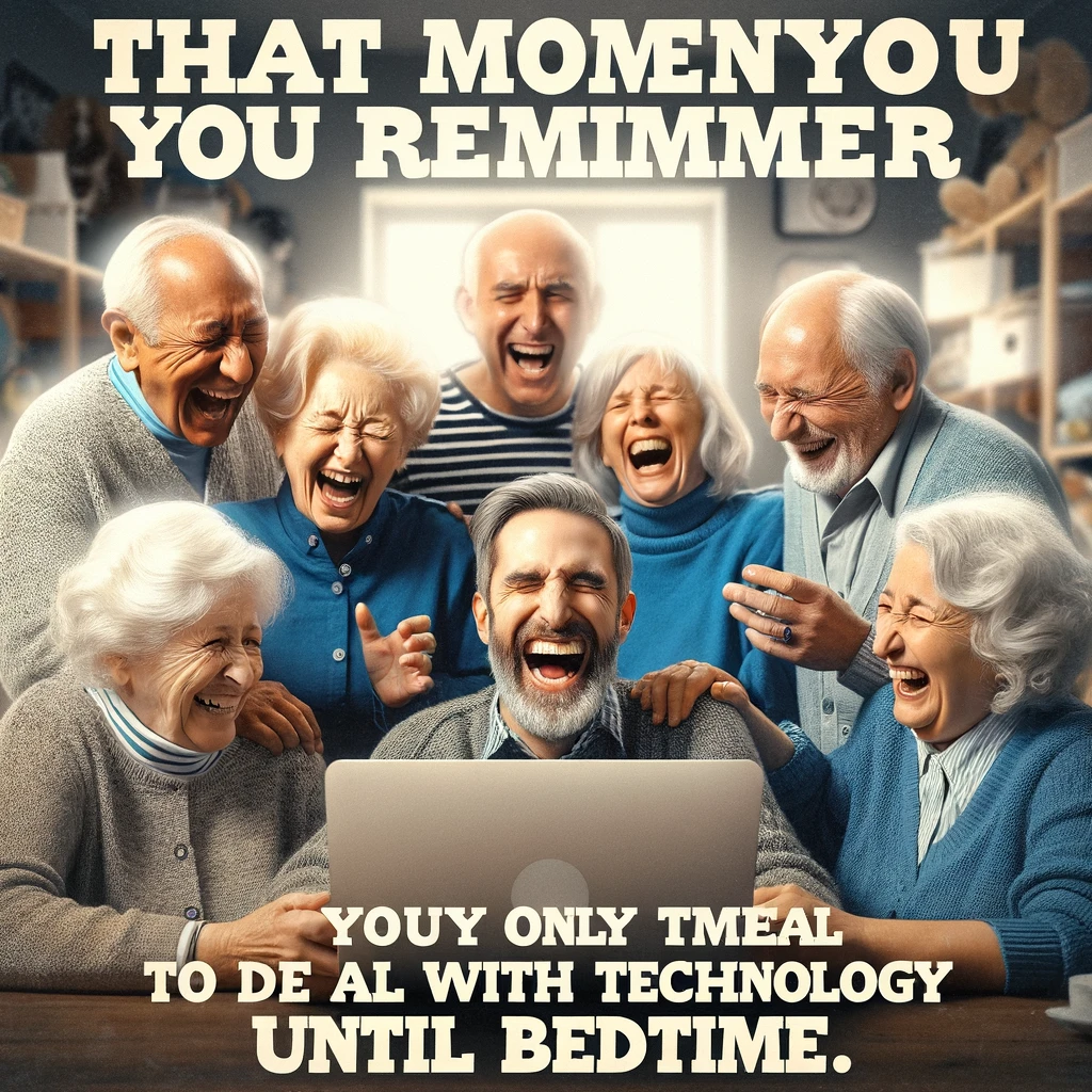An image of a group of elderly people laughing together, with the caption 'That moment when you remember you only have to deal with technology until bedtime.'