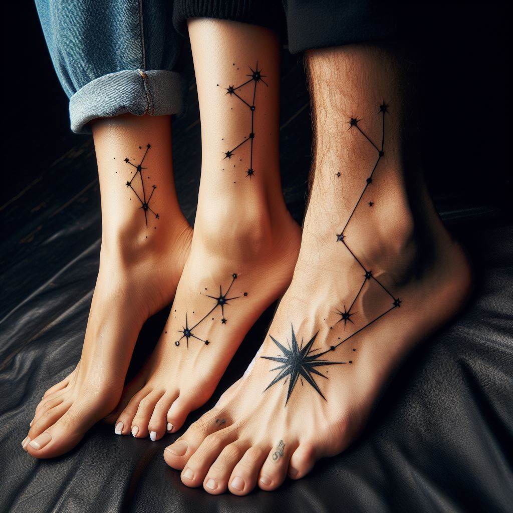 Coordinating tattoos of a star and a constellation on each partner's ankle, reflecting their guidance and light for each other in the darkness.