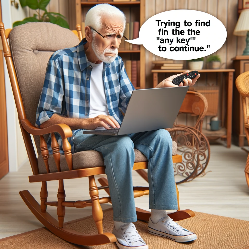 An elderly man sitting on a rocking chair with a laptop, looking confused. Caption reads, 'Trying to find the “any key” to continue.'