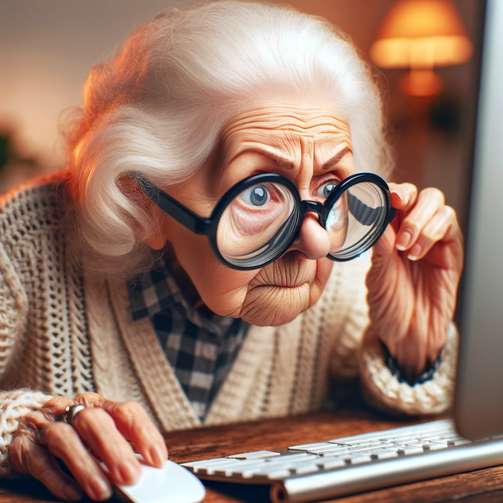 An elderly woman looking at a computer screen with glasses on the tip of her nose, captioned 'Zoom in? No, dear, I thought you meant get closer to the screen.'