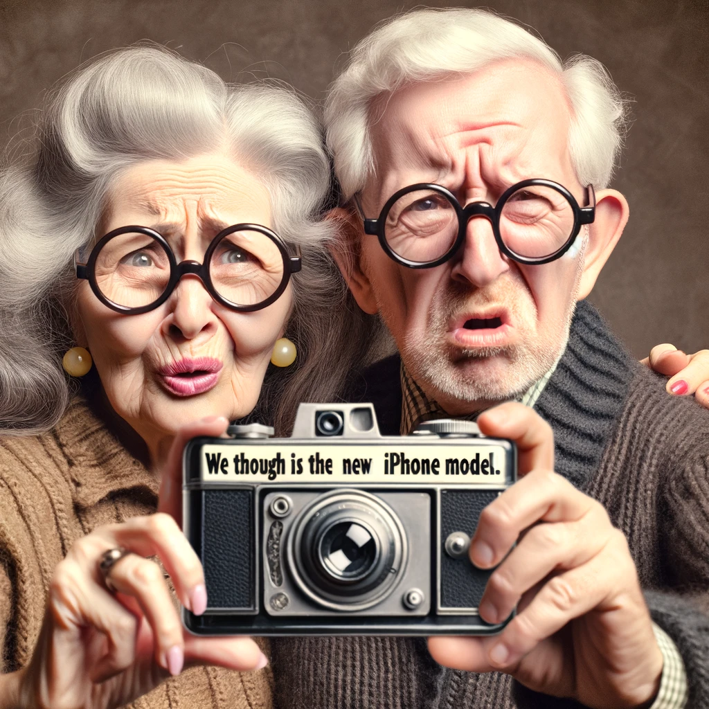 An image of an elderly couple taking a selfie with a vintage camera, confused. The caption says, 'We thought it was the new iPhone model.'