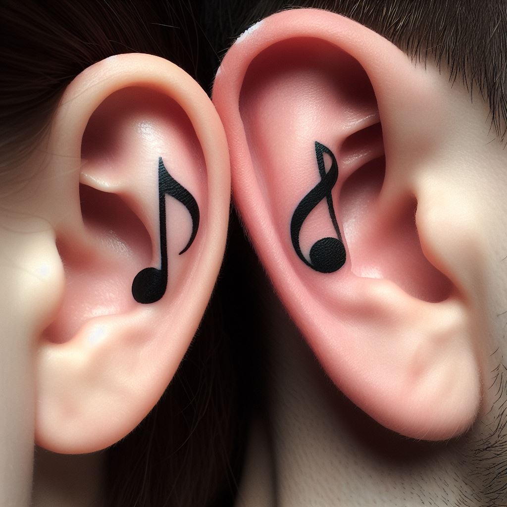 Matching tattoos of a musical note on the inside of each partner's ear, symbolizing their shared love for music and harmony together.