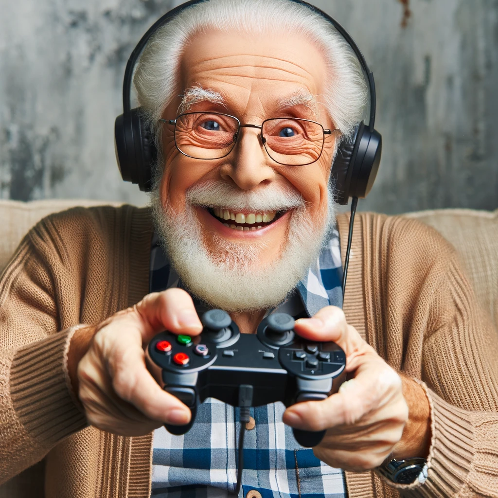 A cheerful elderly man using a game controller upside down, with the caption 'Level 100 Grandpa playing video games for the first time.'