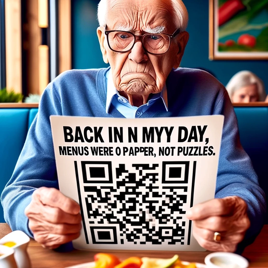 An image of an elderly person staring at a QR code menu in a restaurant, with a puzzled expression. Caption reads, 'Back in my day, menus were on paper, not puzzles.'