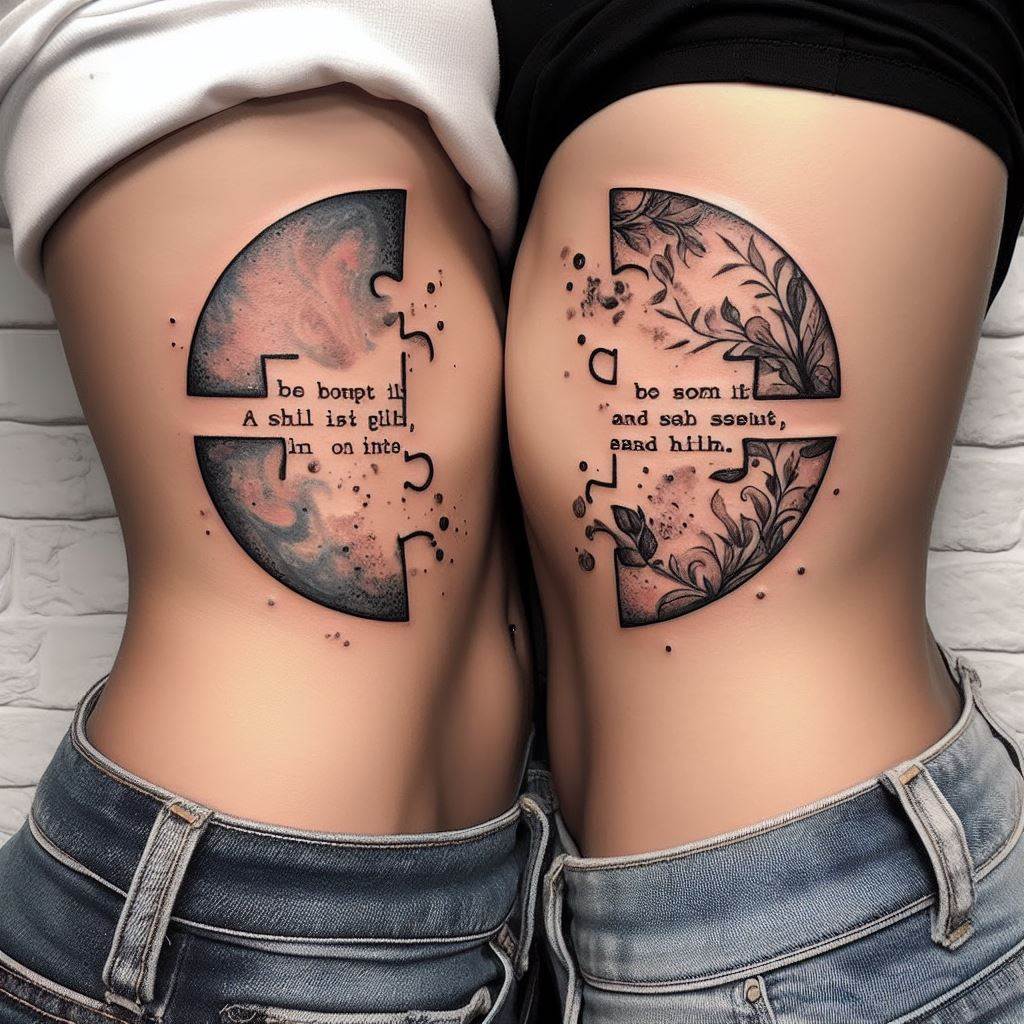 Matching tattoos of a quote split in half, with each partner having one part of the quote on their side ribs, symbolizing their completion of each other's sentences and thoughts.