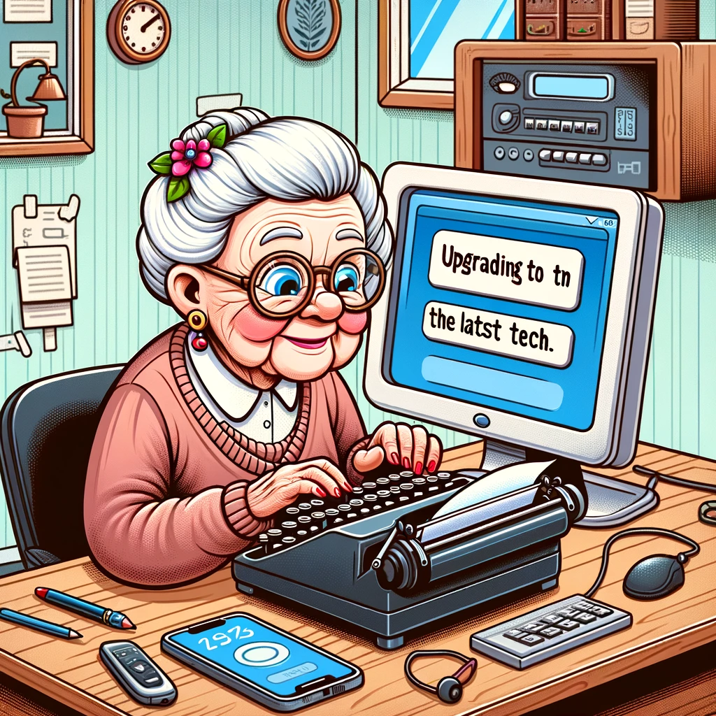 An elderly lady typing on a typewriter, with a computer monitor in front, captioned 'Upgrading to the latest tech.'