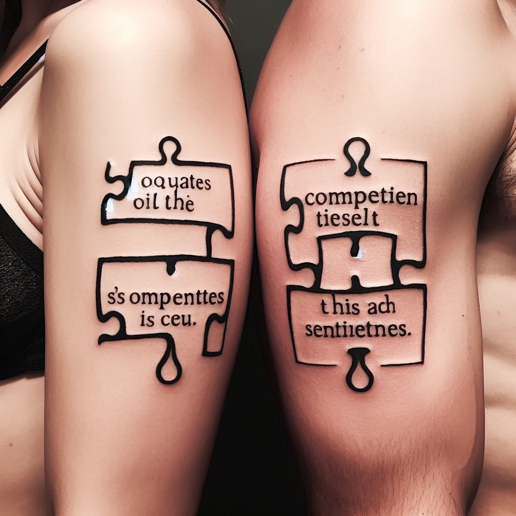 Matching tattoos of a quote split in half, with each partner having one part of the quote on their side ribs, symbolizing their completion of each other's sentences and thoughts.