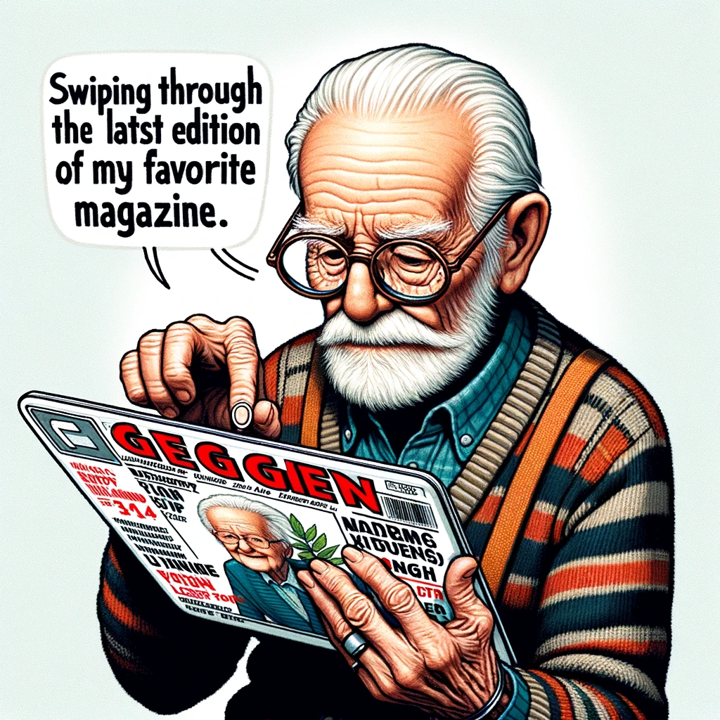 An image of an elderly man trying to swipe on a printed magazine like a tablet, captioned 'Swiping through the latest edition of my favorite magazine.'