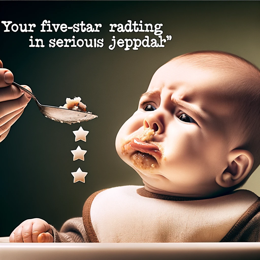 A baby either spitting out food or looking at it skeptically, with a spoon halfway to their mouth. The scene captures a moment of culinary judgment, with the baby's expression conveying skepticism or disapproval. The spoon, seemingly frozen mid-air, holds a bit of food, emphasizing the critical moment of taste testing. Caption: "Your five-star rating is in serious jeopardy" in a humorous font, reflecting the baby's critical role as an undercover food critic. The image blends humor with the everyday challenges of feeding a baby.