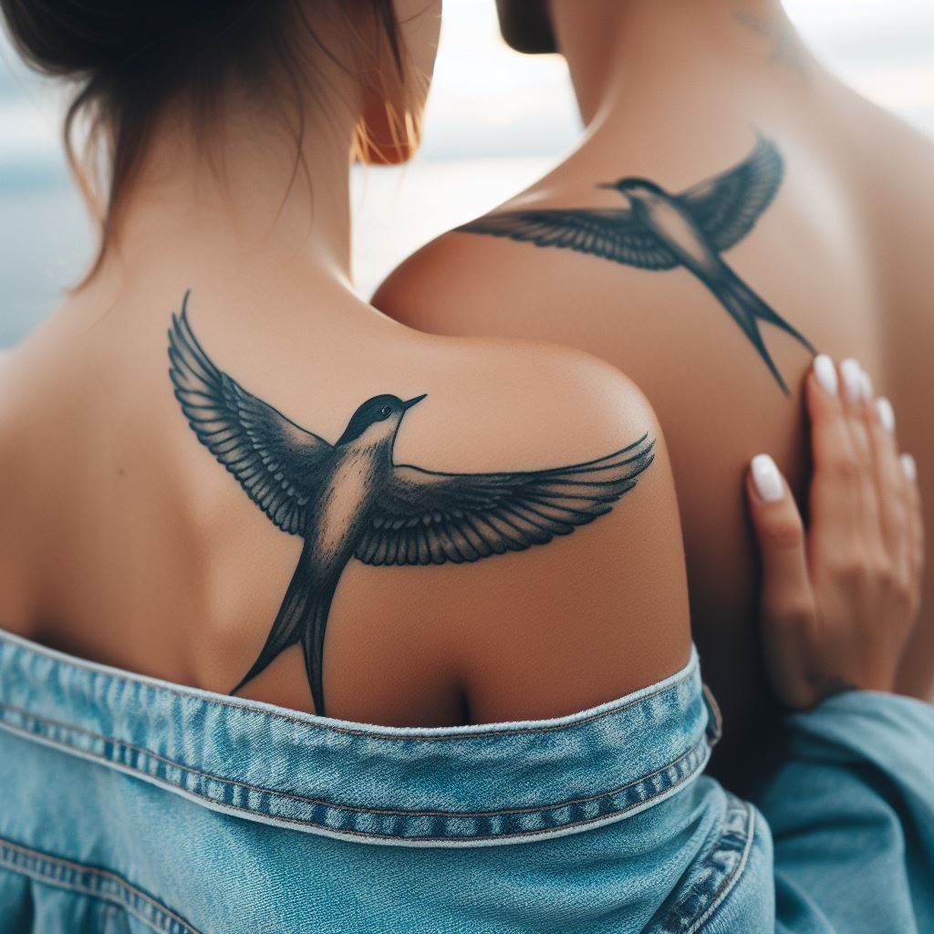 A tattoo of a small, flying bird on each partner's shoulder, representing freedom and the journey they are taking together.