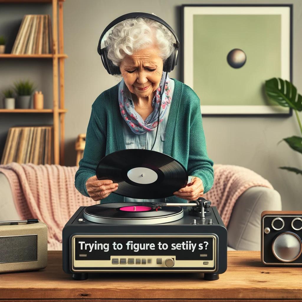 An image of an elderly woman with headphones, holding a vinyl record and looking at a modern turntable, captioned 'Trying to figure out the Spotify machine.'