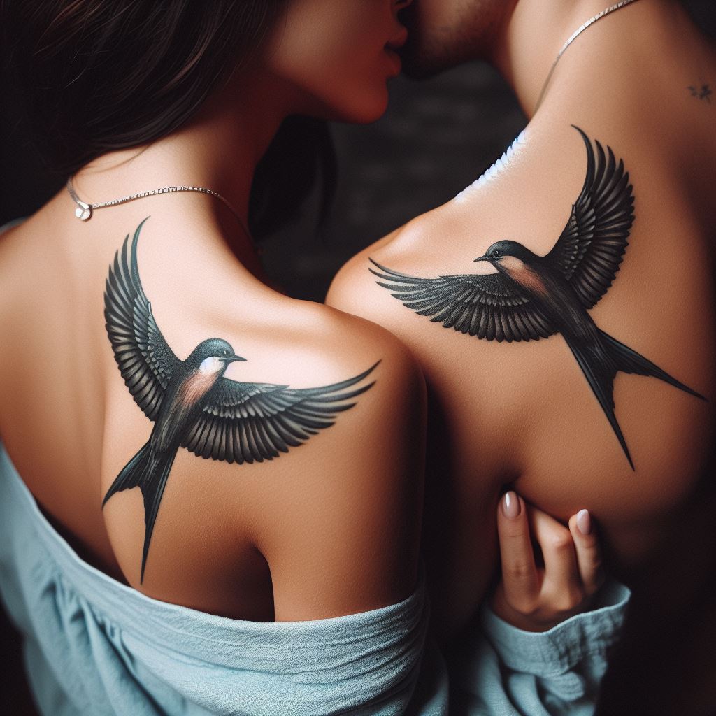 A tattoo of a small, flying bird on each partner's shoulder, representing freedom and the journey they are taking together.