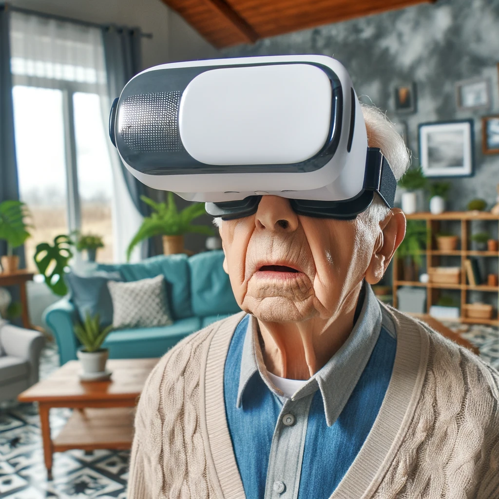 An elderly man wearing virtual reality goggles, looking around bewildered, with the caption 'Exploring the metaverse, or just the living room?'
