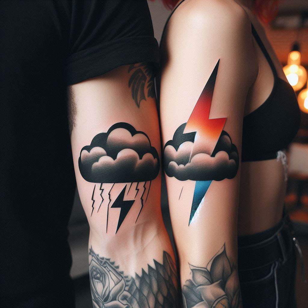 A pair of tattoos featuring a lightning bolt on one partner's arm and a cloud on the other's, symbolizing their dynamic and electrifying connection.