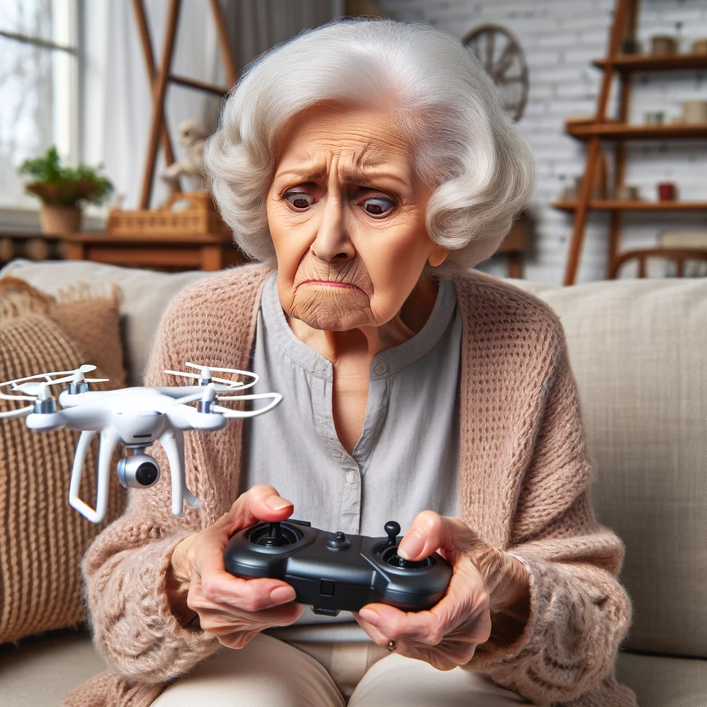 An elderly woman trying to use a drone remote control, with a look of intense concentration, captioned 'When you said walk the dog, this isn't what I imagined.'