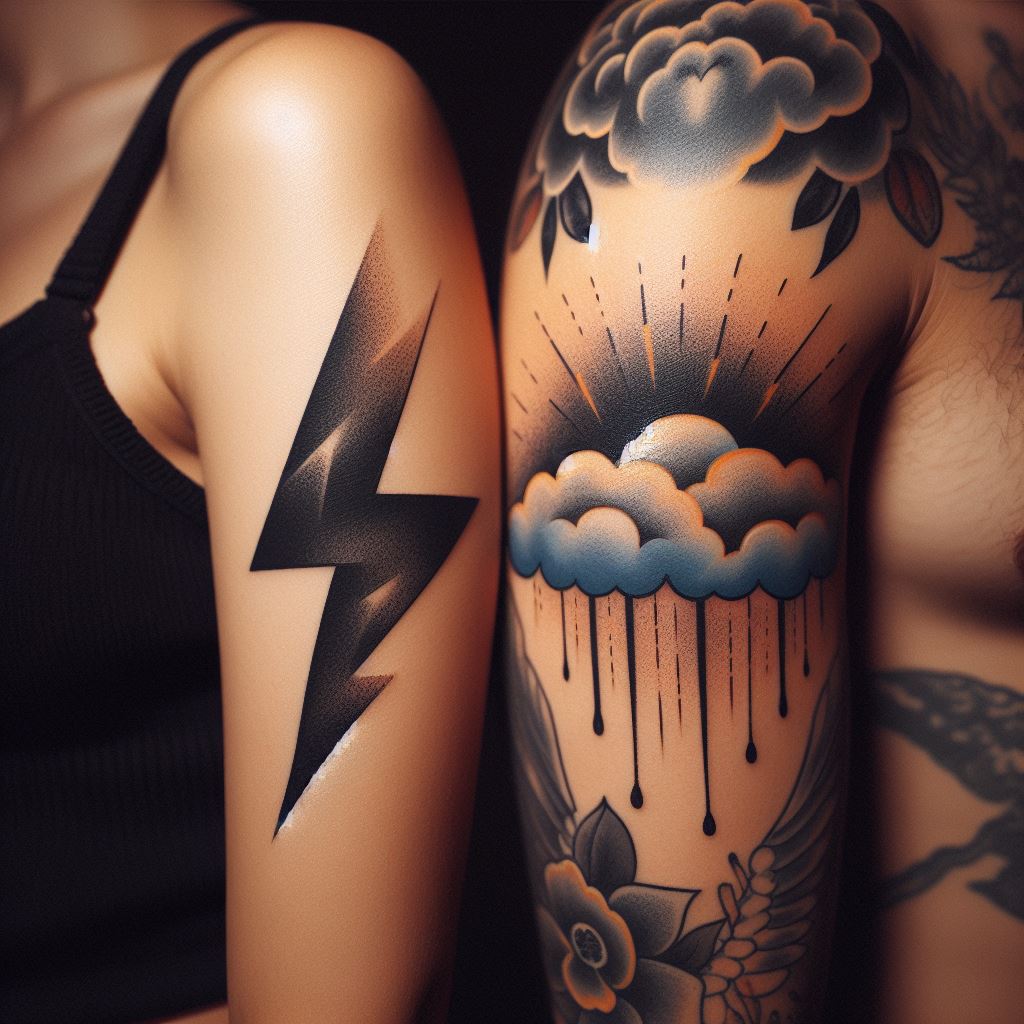 A pair of tattoos featuring a lightning bolt on one partner's arm and a cloud on the other's, symbolizing their dynamic and electrifying connection.