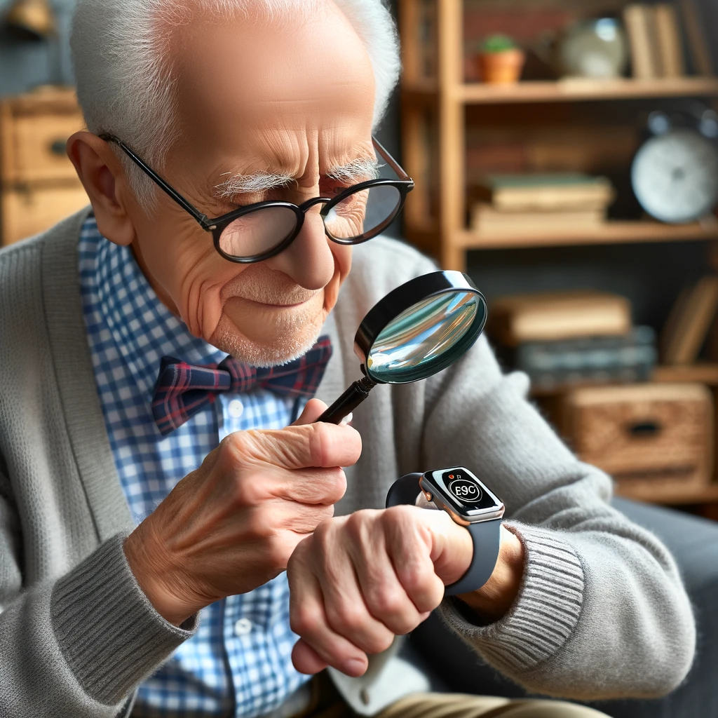 An elderly man looking at a smartwatch with a magnifying glass, captioned 'I miss the days when watches just told time.'