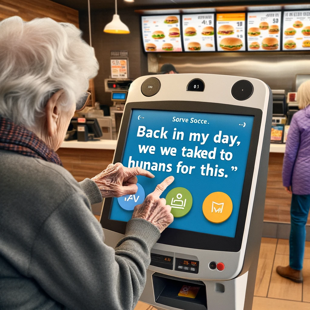 An elderly person trying to order food from a touchscreen kiosk at a fast-food restaurant, captioned 'Back in my day, we talked to humans for this.'