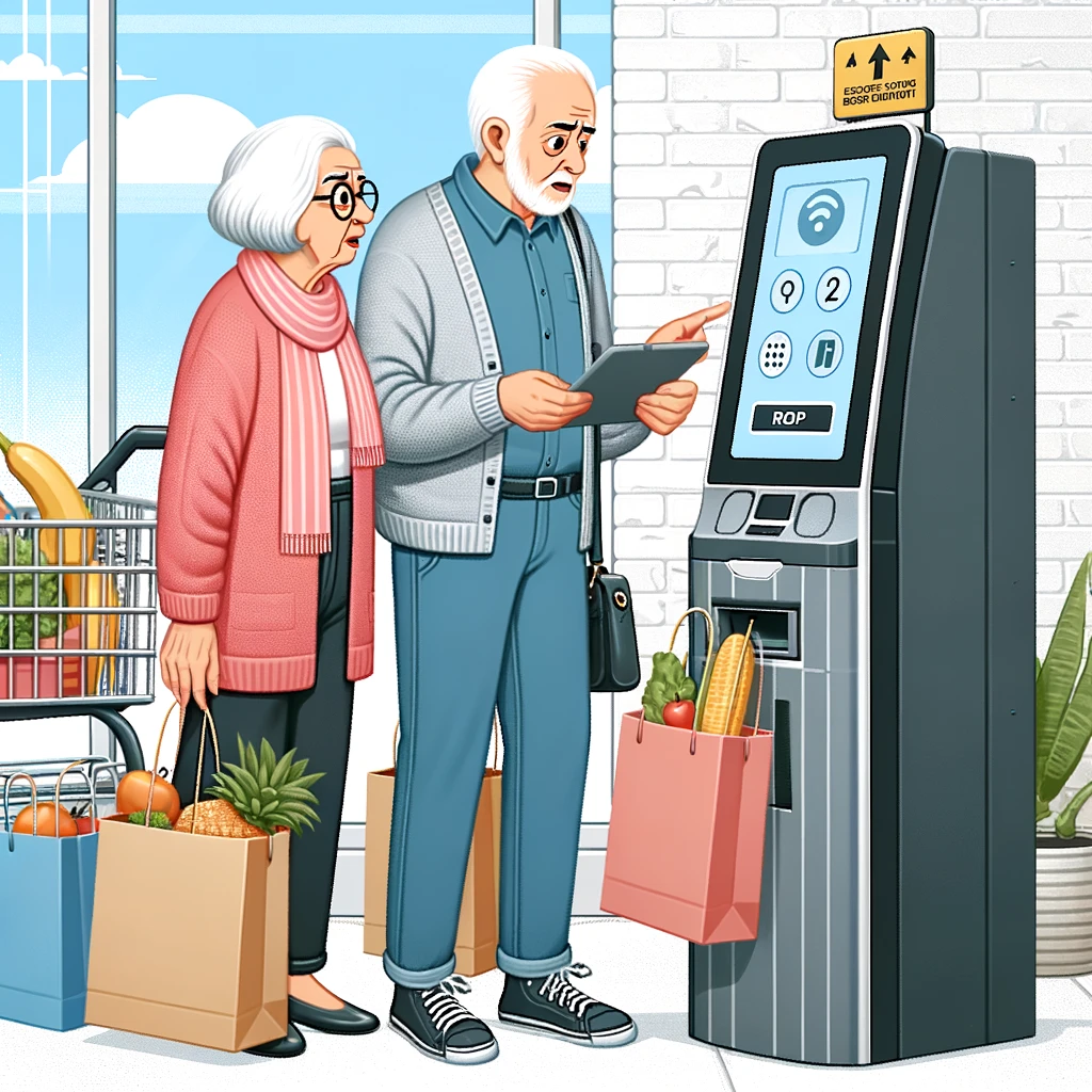 An elderly couple looking at a self-checkout machine, with bags and groceries around, captioned 'Shopping adventure, or escape room challenge?'