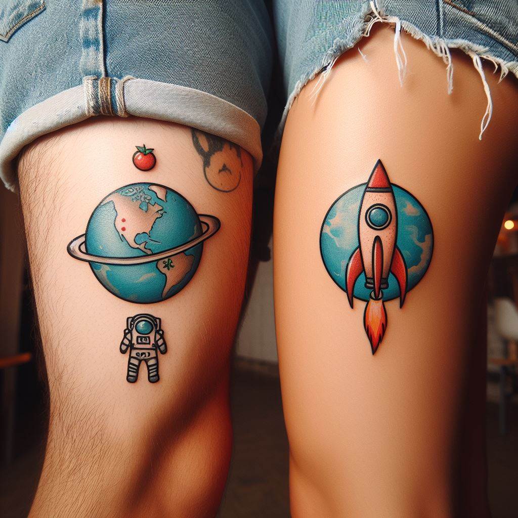 Coordinating tattoos of a small planet and a rocket ship on each partner's thigh, representing their adventure and exploration of life together.