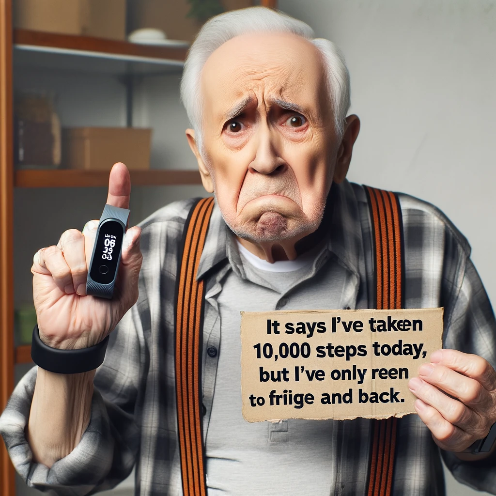 An elderly man with a confused expression holding a fitness tracker, captioned 'It says I've taken 10,000 steps today, but I've only been to the fridge and back.'
