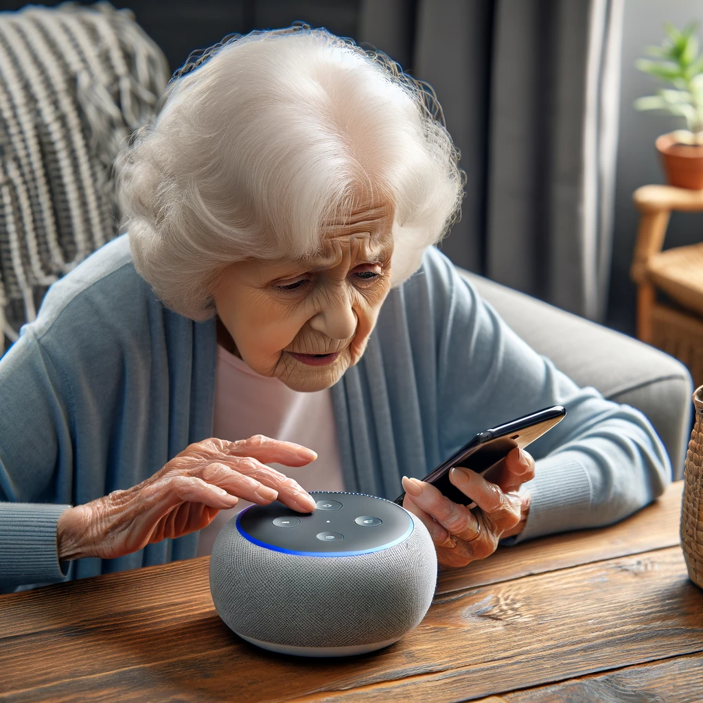 An elderly woman attempting to speak into a smart speaker, captioned 'Hello? Is anybody there? Trying to make a phone call.'