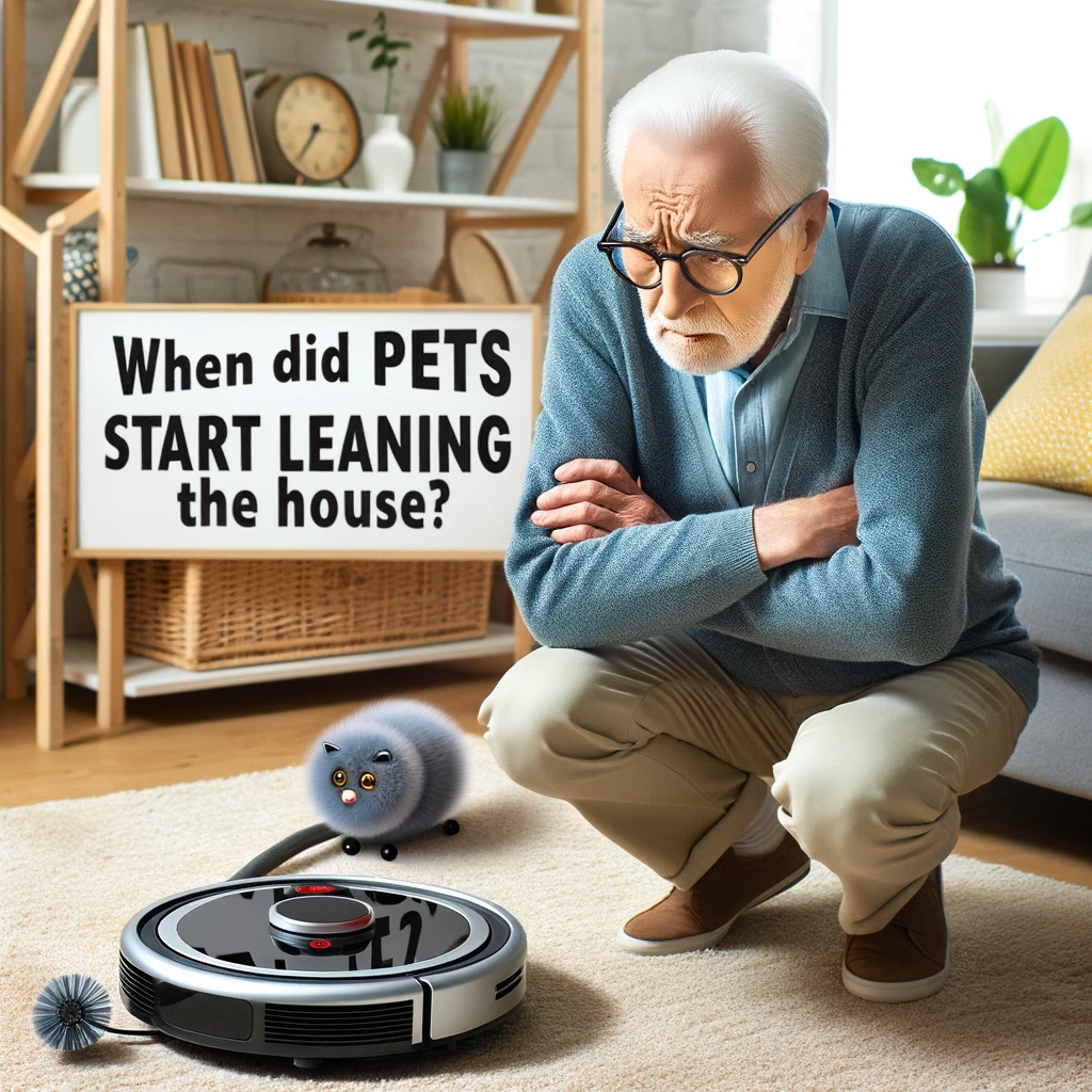 An elderly person looking at a robotic vacuum cleaner roaming around, captioned 'When did pets start cleaning the house?'