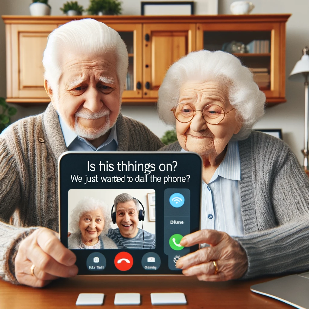 An elderly couple at a computer, video calling with their grandchildren, captioned 'Is this thing on? We just wanted to dial the phone.'