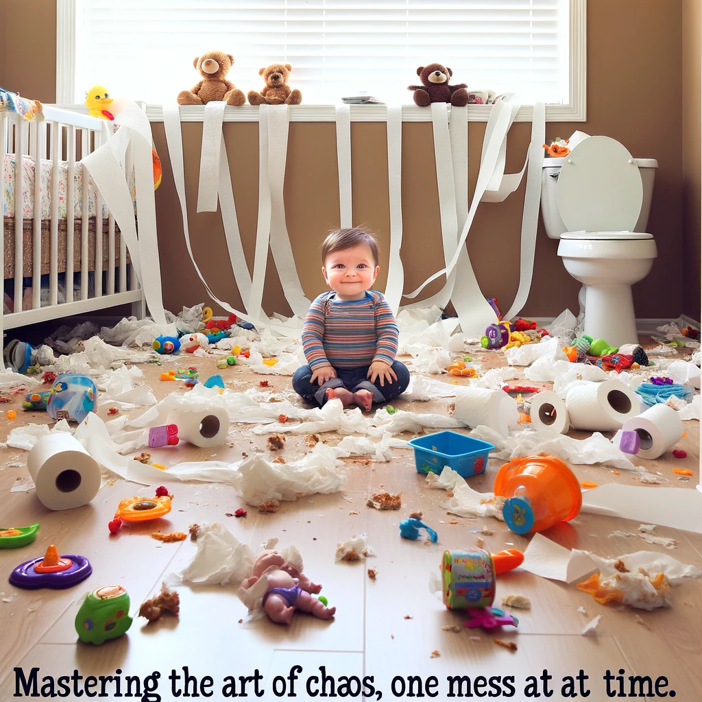 A baby sitting in the middle of a room turned upside down with toys, food, or toilet paper, looking completely at peace. The room is filled with chaos of scattered toys, bits of food, or unraveled toilet paper, creating a scene of utter disarray. The baby, positioned at the center of this chaos, has a serene and content expression, embodying the calm within the storm. Caption: "Mastering the art of chaos, one mess at a time" at the bottom in a whimsical font. This image captures the humorous contrast between the baby's peaceful demeanor and the surrounding mess.
