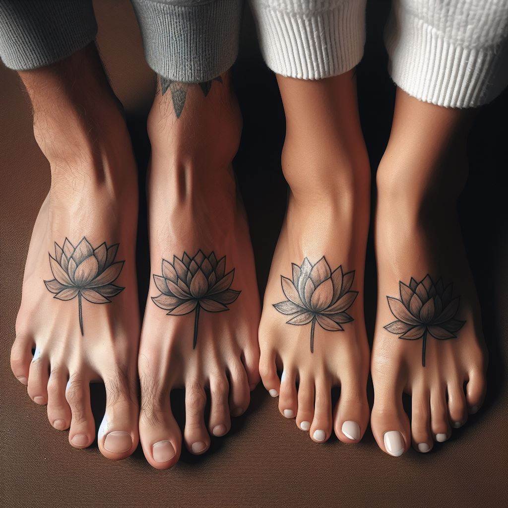 Matching tattoos of a small, elegant lotus flower on each partner's foot, symbolizing purity, enlightenment, and their growth through adversity together.