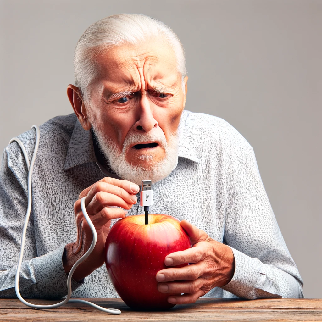 An image of an elderly person with a confused look, trying to insert a USB cable into a fruit, captioned 'I heard it's called Apple, but it doesn't seem to fit.'
