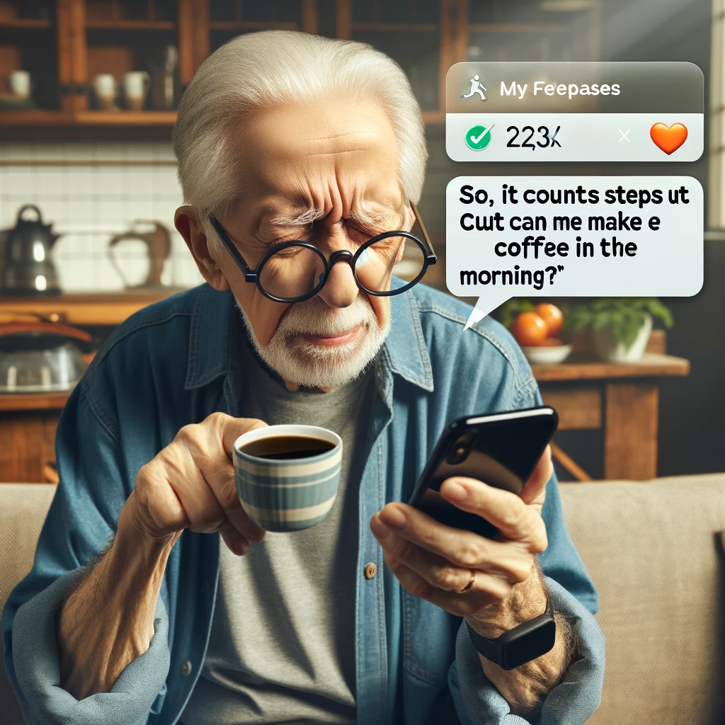 An elderly person squinting at a fitness app on their phone, captioned 'So, it counts steps but can it make me coffee in the morning?'