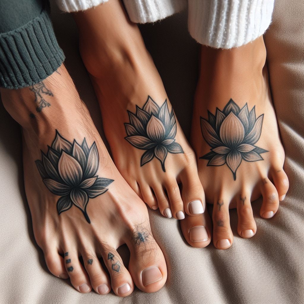 Matching tattoos of a small, elegant lotus flower on each partner's foot, symbolizing purity, enlightenment, and their growth through adversity together.